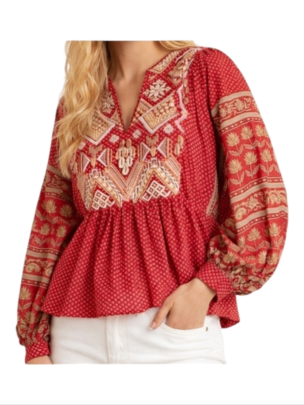 Anthropologie~Keira~Embroidered Red~ Peplum Blouse~Bohemian Boho~Hippie~ US2 UK6